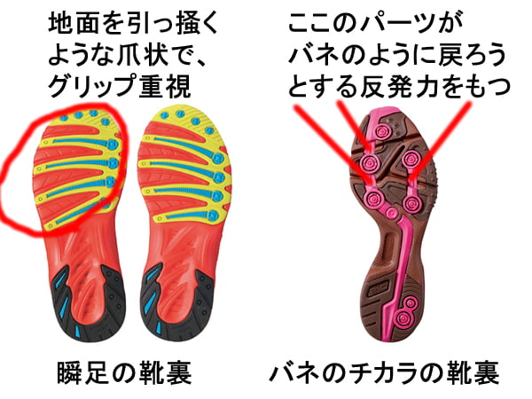 瞬足とバネのチカラの違いはグリップ力と反発力 靴底の図解でわかりやすく解説